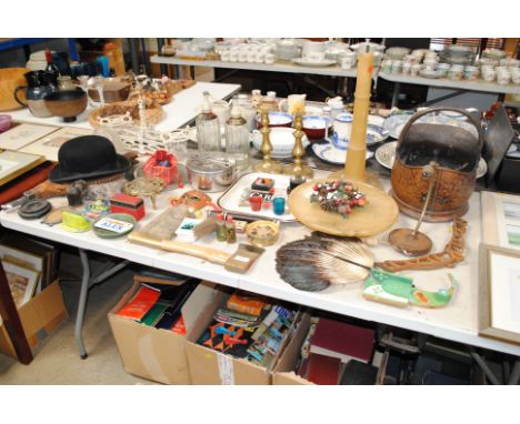A collection of various wooden and metal ware including coal scuttle, a pair of brass candlesticks, a set of scales, bellows,