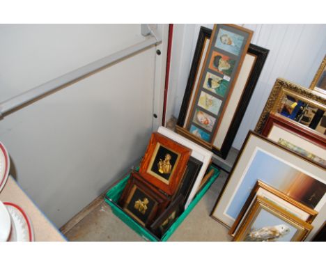 A collection of pictures and prints including framed portrait plaques