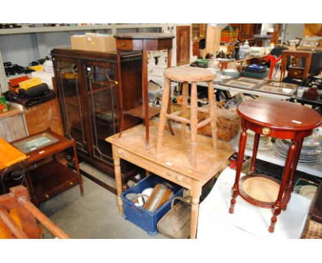 A stripped pine side table fitted with single drawer raised on ring turned supports; a four legged stool and an octagonal top