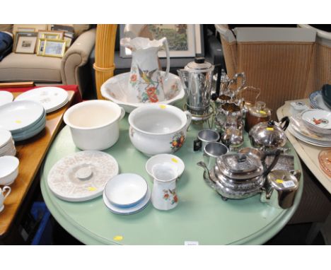 A quantity of various plated ware, floral decorated jug and basin set etc.