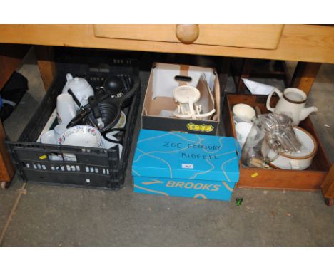 Four boxes containing various kitchenalia, Denby pottery mugs, Portmerion "Botanic Garden" jardini&egrave;re, scales, weights