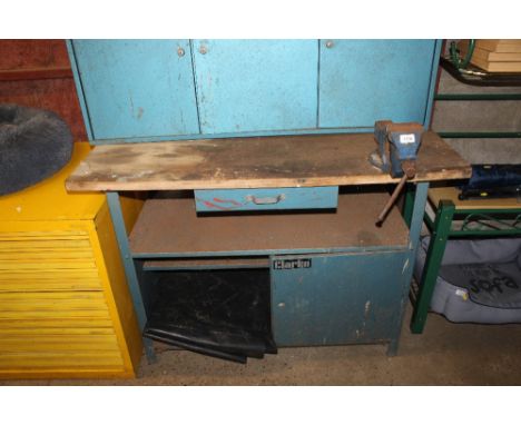 A Clarke wooden topped metal workbench fitted single drawer, cupboard below and shelf unit with a Record No.2 bench vice 