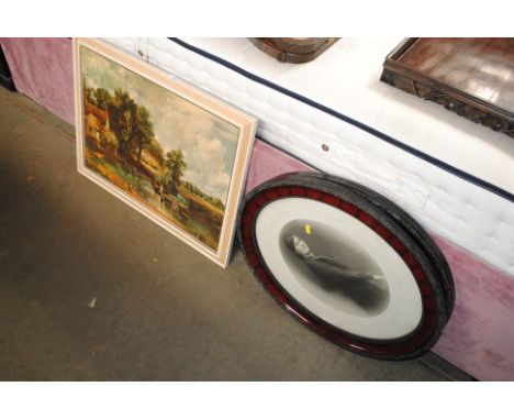 A framed certificate coloured print after Constable and two oval framed photographic prints