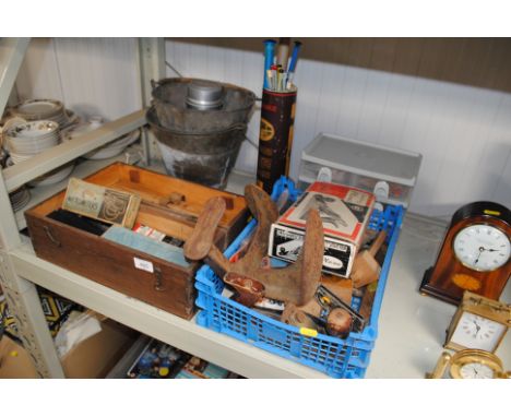 Two galvanised buckets, a collection of engineering tools including Micrometres, various other hand tools, a smoothing plane,