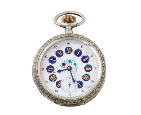 A FRENCH REMONTOIR GOLIATH POCKET WATCH With enamel dial and silver case... A FRENCH REMONTOIR GOLIATH POCKET WATCH With enam