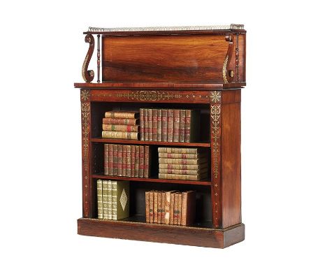 A GOOD REGENCY ROSEWOOD OPEN BOOKCASE, CIRCA 1830 The raised shelf with... A GOOD REGENCY ROSEWOOD OPEN BOOKCASE, CIRCA 1830 