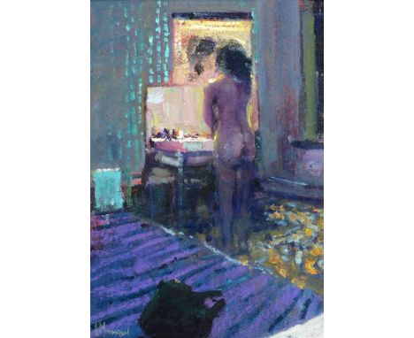 ARTHUR K. MADERSON (BRITISH-IRISH, B.1942) 'Study in Purple and Green', oil on board, signed lower left, titled to artist's s