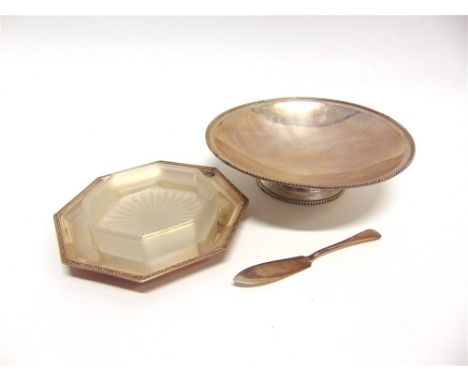 A SILVER BUTTER DISHby Lenson Ltd, Birmingham 1921, of hexagonal outline, with glass liner and butter knife; and a silver bow