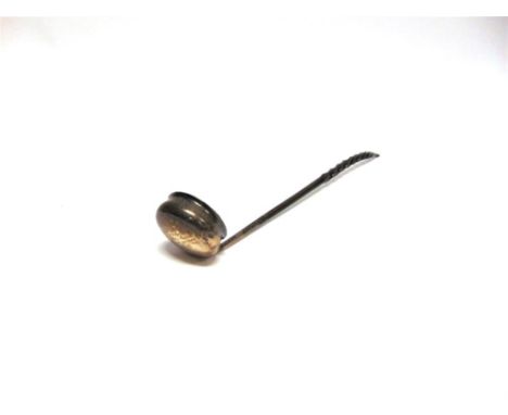 A SCOTTISH GEORGIAN SILVER TODDY LADLE by Andrew Wilkie, Edinburgh 1835, on a bone twist handle, inscribed, 35.5cm long