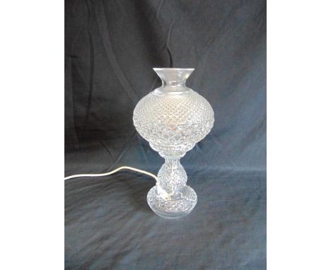 A WATERFORD CRYSTAL TABLE LAMP AND SHADE,  acid etched marks, 34.5cm high overall