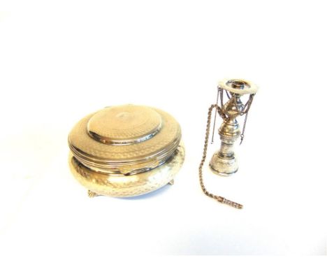 A LARGE EGYPTIAN BOX with Egyptian marks, circular with engine turned decoration, the hinged cover monogrammed, on three open