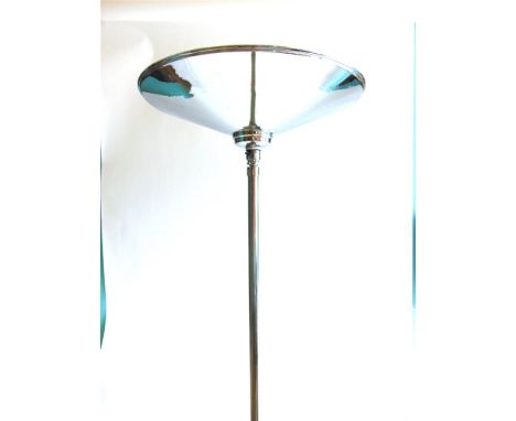 AN ART DECO STYLE CHROME STANDARD LAMP,  on stepped circular and cast iron base, 169cm high, the uplighter shade 43cm diamete
