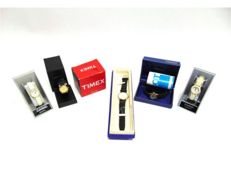 A COLLECTION OF SIX MODERN WRIST WATCHES ladies and gentleman's; Tissot, Lorus, Casio and Timex; all cased