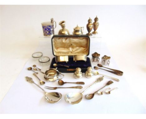 A COLLECTION OF SILVER AND SILVER COLOURED ITEMS comprising: a Georgian pierced mustard pot with blue liner; a pair of modern