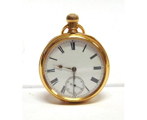 A LATE VICTORIAN 18 CARAT GOLD OPEN FACED POCKET WATCH the white enamel dial with gilt hands, black Roman numerals and subsid