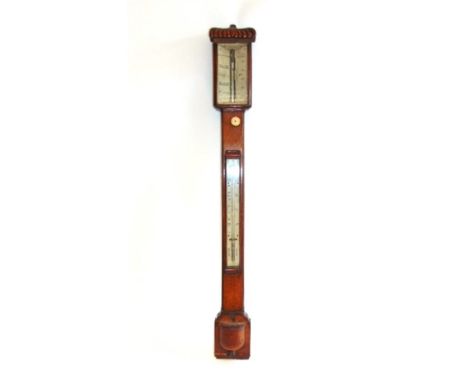 AN OAK STICK BAROMETER, J.D. POTTER, LONDON 19th century, with a gardooned top and a bow-fronted cistern cover, 101cm high.