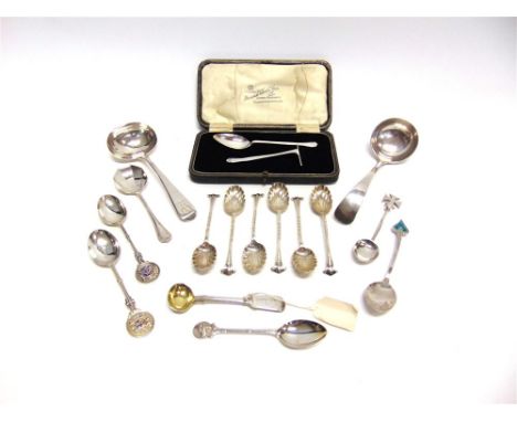A COLLECTION OF SILVER AND SILVER COLOURED FLATWARE including; a Georgian sauce ladle; a modern sauce ladle; a cased spoon an