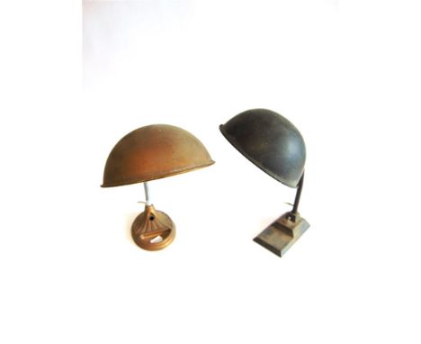 TWO METAL STUDENTS LAMP TYPE DESK LIGHTS  with adjustable arms on cast metal bases, each approximately 38cm high