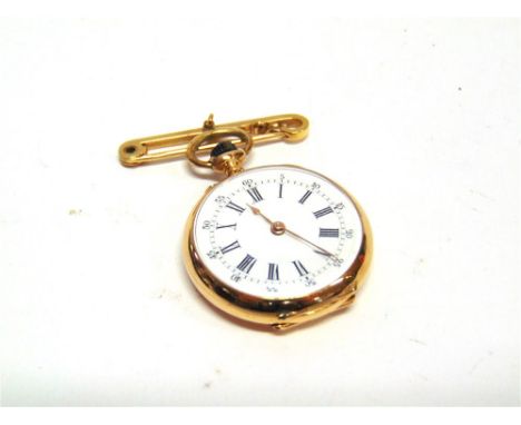 LE COULTRE & CIE a lady's fob watch, the enamel dial with black Roman numerals and gilt hands, the four piece hinged case wit