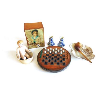 ASSORTED COLLECTABLES comprising a late 19th century French musical box, playing three airs, the lid with an applied paper pi