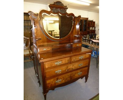 A VICTORIAN WALNUT AND MAHOGANY PART BEDROOM SUITE, THE DRESSING CHEST OF ORNATE SHAPED SWING MIRROR, THE SHELF WITH TWO SHOR