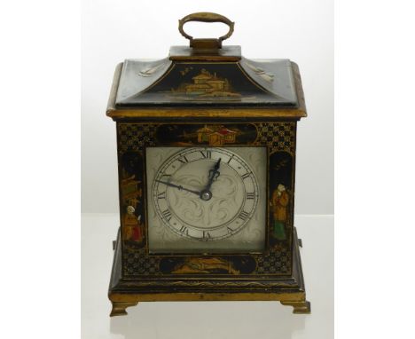 A Circa 1900 Chinoserie Cased Carriage Clock, the clock having a sarcophagus shaped top depicting butterflies and island scen