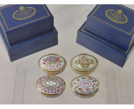 Four Halcyon Days Enamel Trinket Boxes, including 1991, 1992, 1993 and 1994 St Valentines Day Box in original boxes with cert