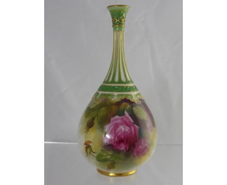A Royal Worcester Hand Painted Vase. The neck of column form, the body depicting roses, signed H. Austin nr F103 H15.67 to ba