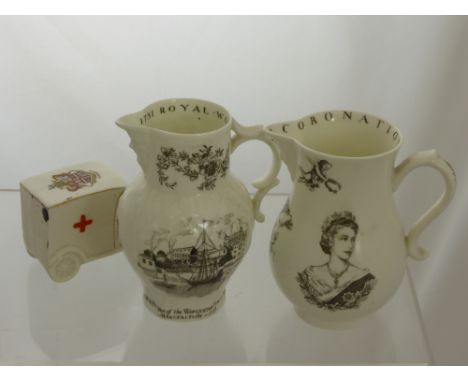 Two Royal Worcester Commemorative Milk Jugs, together with Willow Art WWI Ambulance. (3)