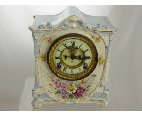 A Victorian Hand Painted Mantle Clock, the clock decorated with flowers and stamped Royal Bonn, La Barque, Ansonia Clock Co.,