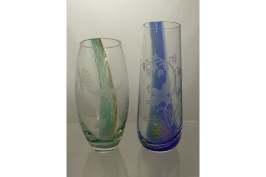 Two Caithness Glass Vases One With Green And Gold Inserts And