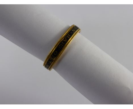 A Georgian High Carat Gold and Black Enamel Mourning Ring, inscription Sr Tho Hatton Bart ob 7 Nov 1787 ae 60, the ring havin