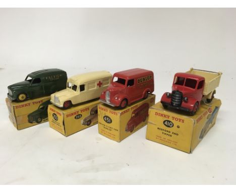 Dinky toys, #472 Austin van Raleigh cycles, #253 Daimler Ambulance, #451 Trojan van Dunlop and #410 Bedford end tipper, boxed