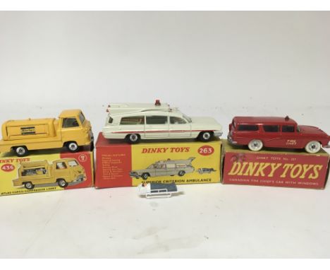 Dinky toys, #436 Atlas Copco compressor lorry, #263 Superior criterion Ambulance and #257 Canadian Fire Chiefs car, boxed