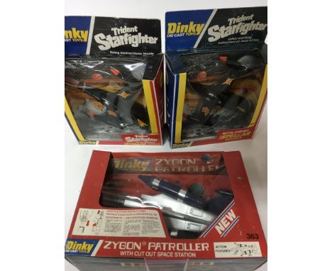 Dinky toys, #362 Trident Starfighter x2 and #363 Zygon patroller, boxed