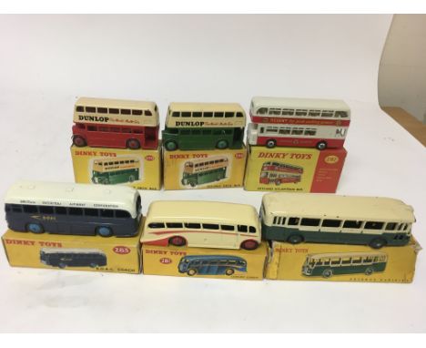 Dinky toys, #290 Dunlop double deck bus x2, #292 Leyland Atlantean bus, #283 BOAC coach, #281 Luxury coach and #29D Autobus P