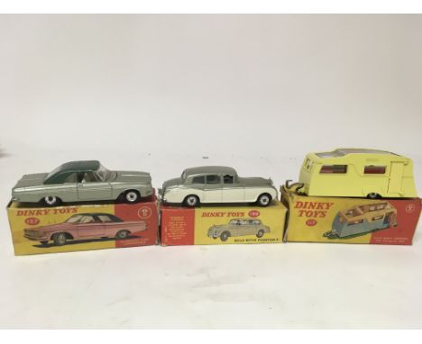 Dinky toys #137 Plymouth fury convertible, #198 Rolls Royce phantom V and #117 four berth caravan, boxed