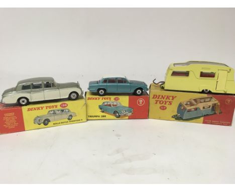 Dinky toys, #198 Rolls Royce phantom V, #135 Triumph 2000 and #117 Four berth caravan, boxed