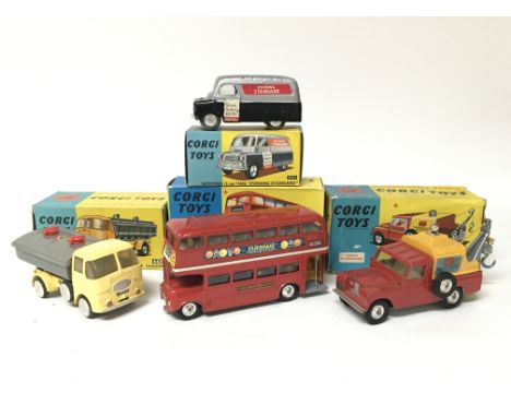 Corgi toys, #460 Neville cement tipper body, #4175 Land Rover breakdown truck, #468 London Transport Routemaster bus and #421