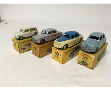 Dinky toys, #197 Morris Mini traveller, #176 Austin A105 saloon, #156 Rover 75 saloon and #40J Austin Somerset saloon, boxed