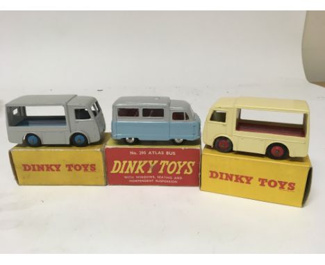 Dinky toys,  #491 Electric dairy van, NCB (grey), #491 Electric dairy van ,Jobs dairy (yellow) and #295 Atlas bus, boxed