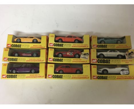 Corgi toys, boxed Diecast vehicles, Whizzwheels. Including #377 Marcos 3 litre x2, #384 Adams bros probe 16, #281 Rover 2000 