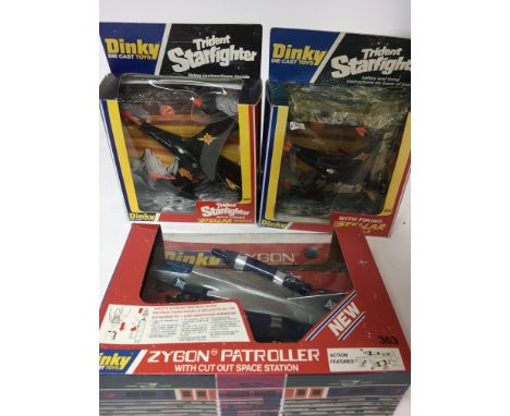 Dinky toys, #362 Trident Starfighter x2 and #363 Zygon patroller , boxed