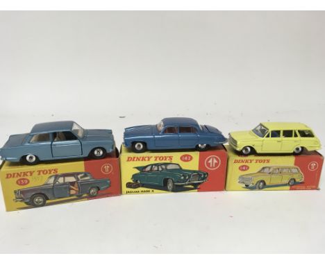 Dinky toys, #139 Ford Consul Cortina, #142 Jaguar Mark X and #141 Vauxhall Victor estate, boxed