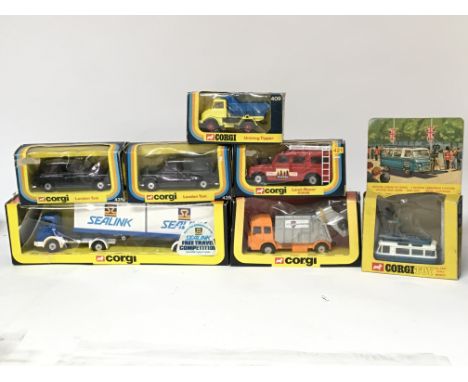 Corgi toys #1109 Sealink container lorry, #421 Land Rover 109WB, forest fire warden, #409 Unimog tipper, #425 London taxi x2,