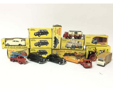 Budgie toys, boxed Diecast vehicles including #100 Hansom cab, #101 London taxi x3, #294 Horse box, #246 Police patrol car, #