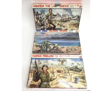 Three boxed Esci 1:72 scale battlefleets, Arnhem The Last Bridge, Saipan Prelude to Victory and Iwo-Jima Inferno Island