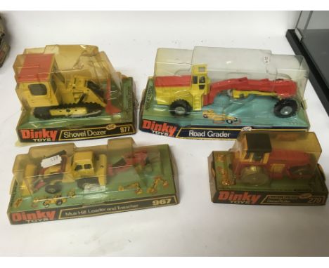 Dinky toys, #967 Muir hill loader and trencher, #279 Aveling-Barford diesel roller, #963 Road grader, #977 Shovel dozer, boxe