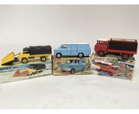 Dinky toys, #567 Mercedes Benz unimog snow plough, #407 Ford Transit van and #402 Bedford Coke Cola truck, boxed