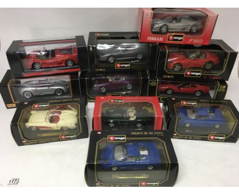 A collection of boxed Diecast 1:18 scale vehicles including Burago Porsche 911, Ferrari 550, Dodge Viper, Ferrari F50, Maisto